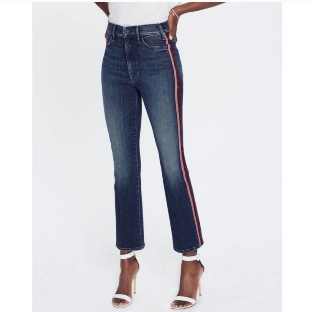 MOTHER High Waisted Looker Ankle Here Kitty Kitty Glitter Blue Jeans Size 26